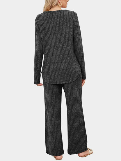 Round Neck Long Sleeve Top and Pants Set-Nordavory