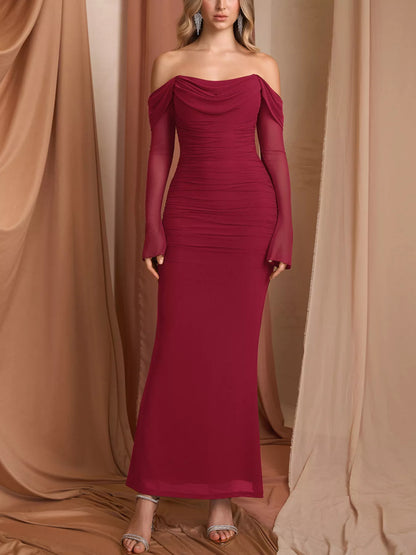 Off-Shoulder Ruched Mermaid Maxi Dress-Nordavory