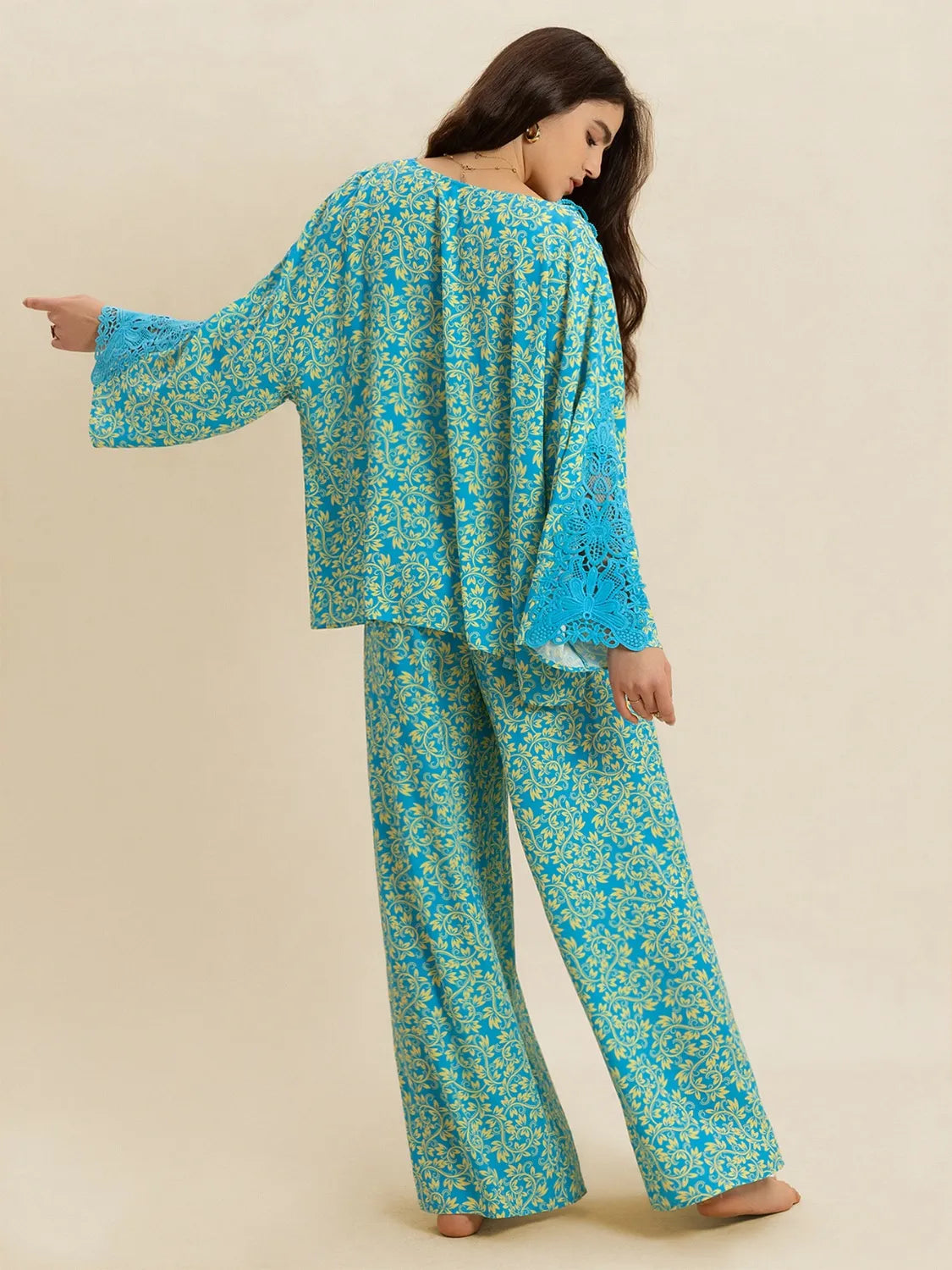 Open Front Printed Top and Pants Set-Nordavory