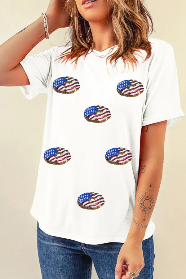 Sequined Flag Round Neck Short Sleeve T Shirt-Nordavory