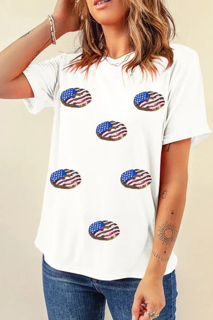 Sequined Flag Round Neck Short Sleeve T Shirt-Nordavory