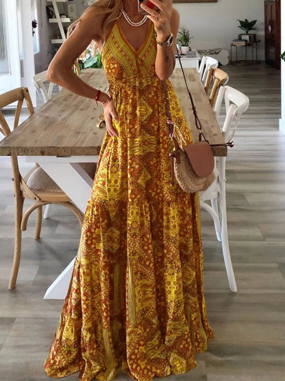 Printed V-Neck Maxi Dress-Nordavory