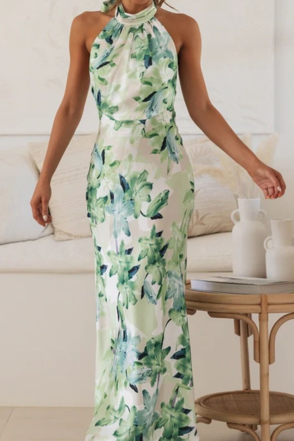 Floral Print Halter Neck Maxi Dress-Nordavory