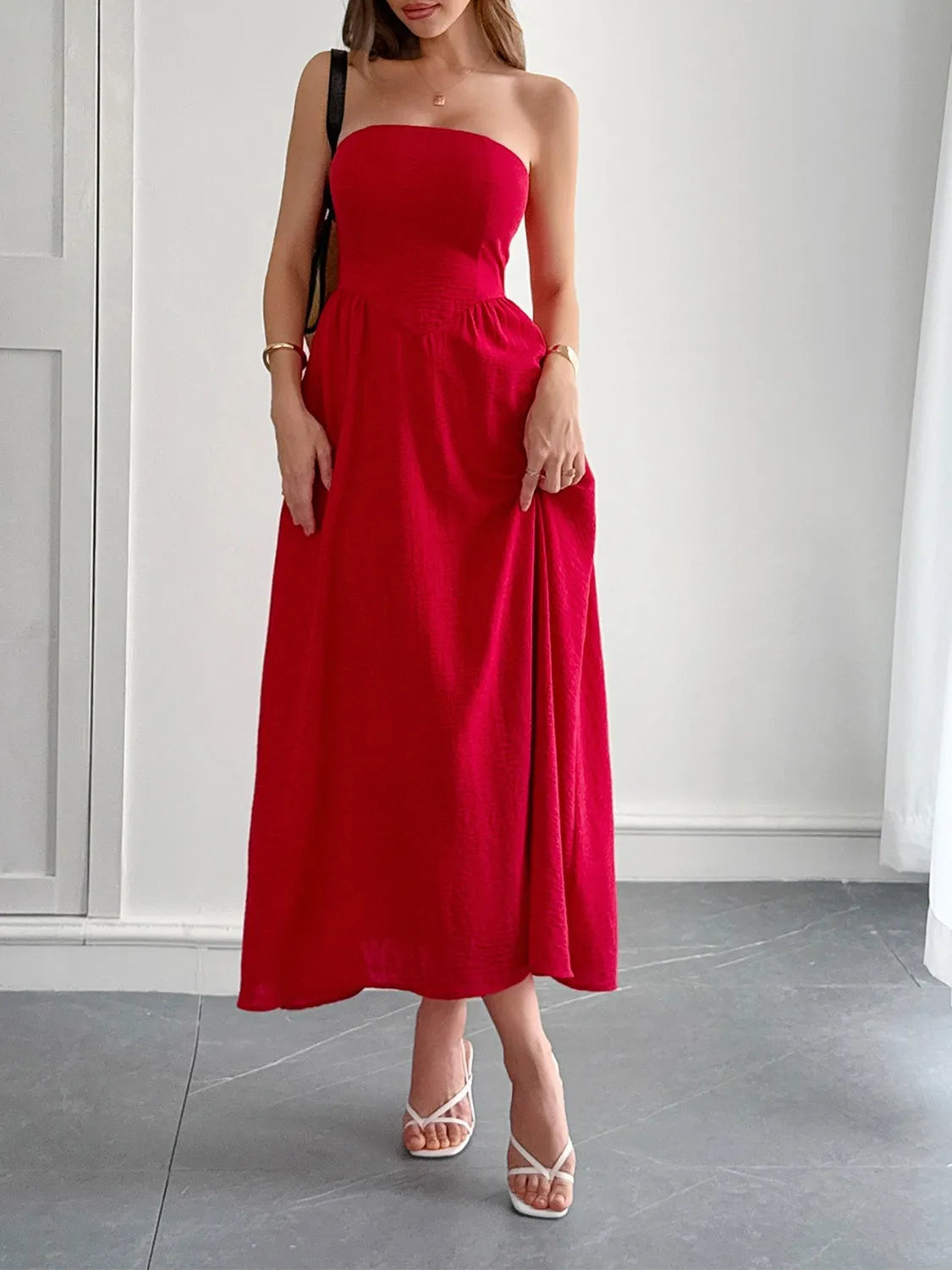 Strapless A-Line Midi Dress with Pockets-Nordavory