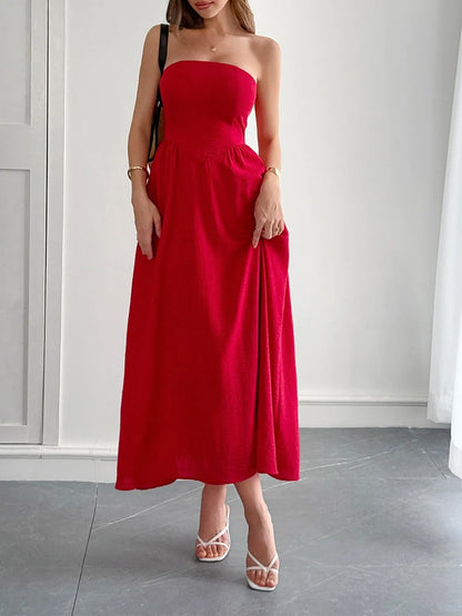 Strapless A-Line Midi Dress with Pockets-Nordavory