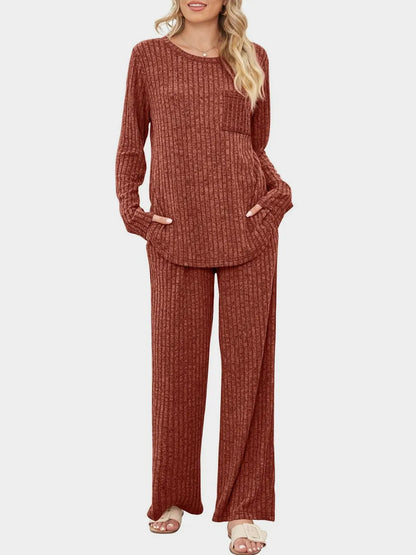 Round Neck Long Sleeve Top and Pants Set-Nordavory
