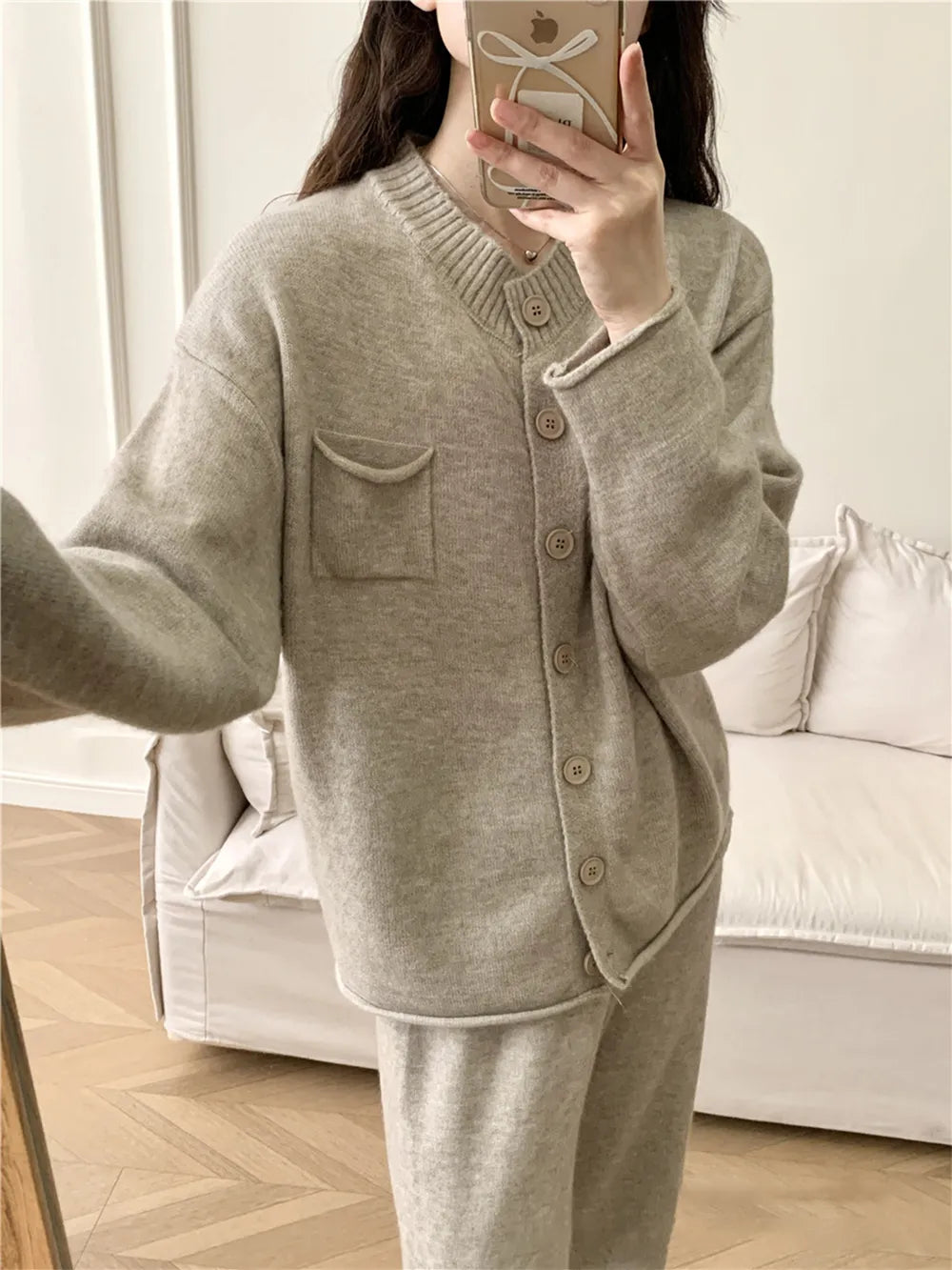 Pocketed Round Neck Button Up Cardigan and Pants Sweater Set-Nordavory