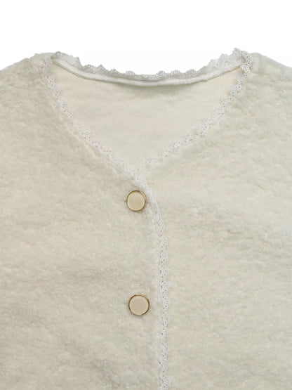 Lace Detail Button Up Long Sleeve Outerwear-Nordavory
