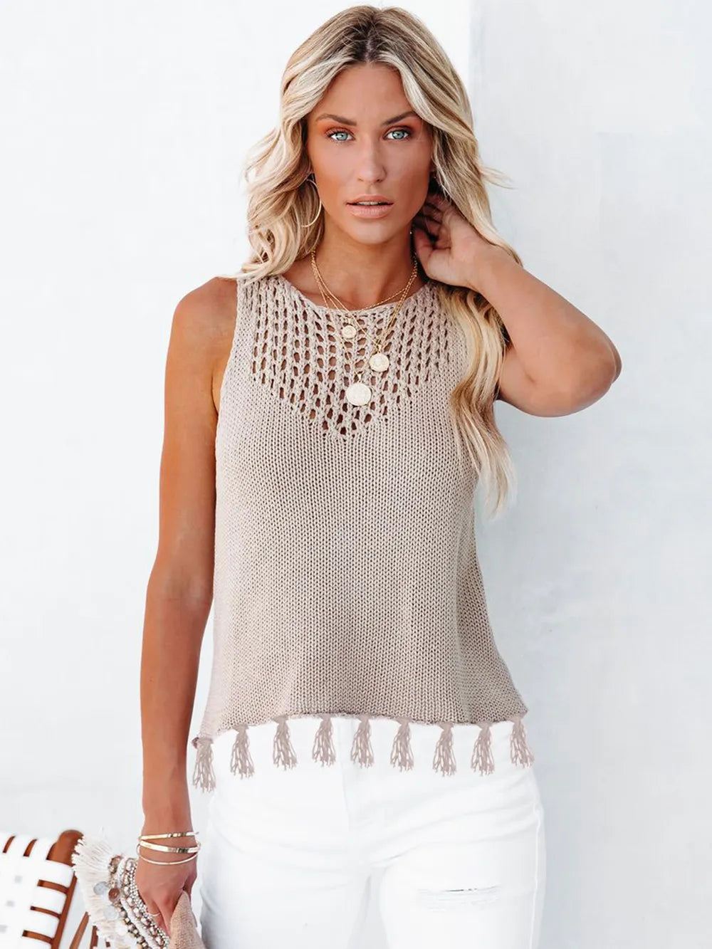Cutout Tassel Round Neck Tank-Nordavory