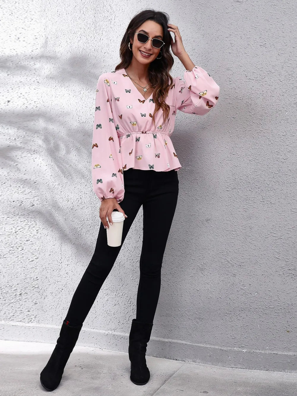 Butterfly V-Neck Balloon Sleeve Peplum Blouse-Nordavory