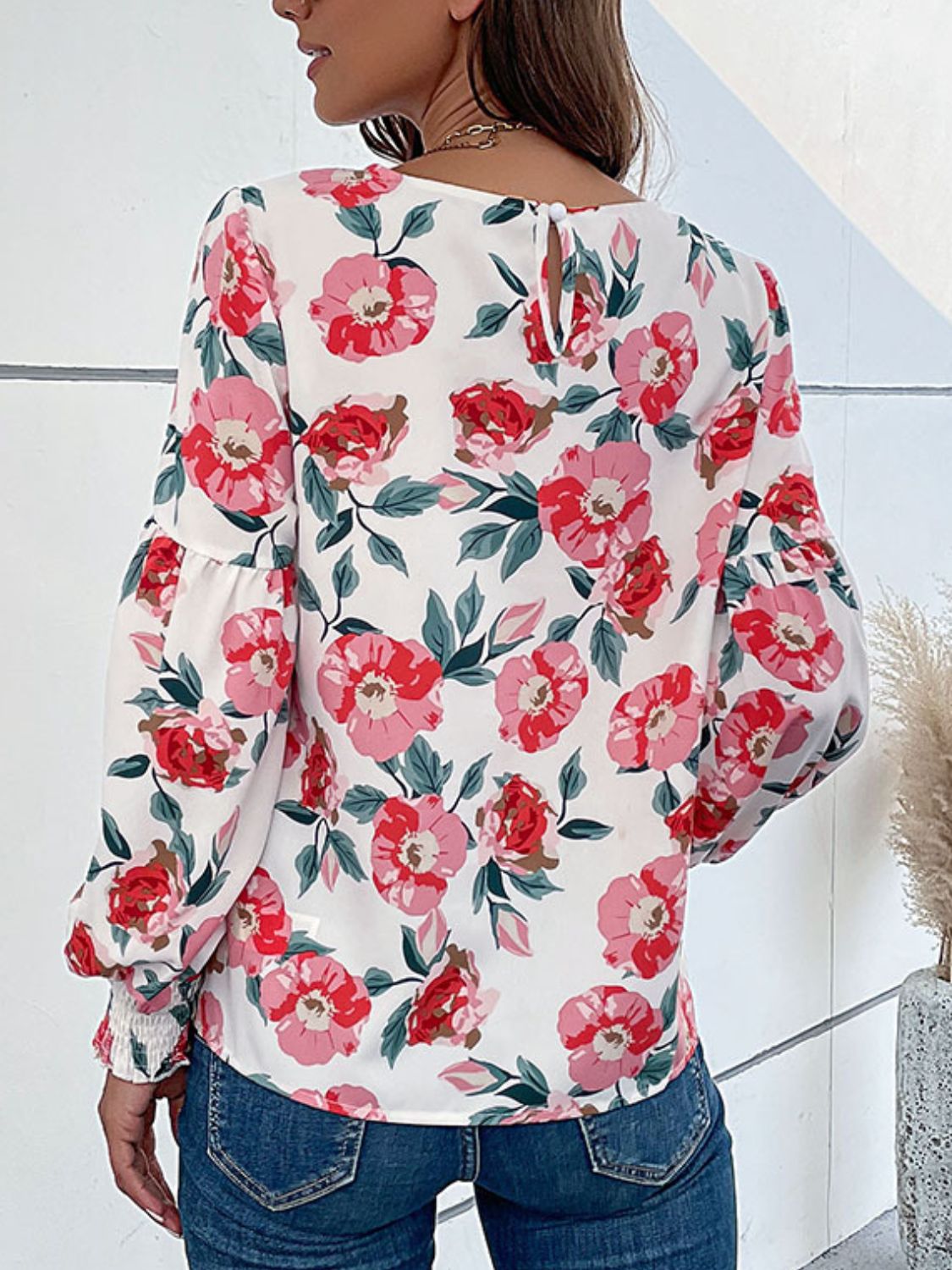 Perfee Floral Long Puff Sleeve Round Neck Blouse-Nordavory