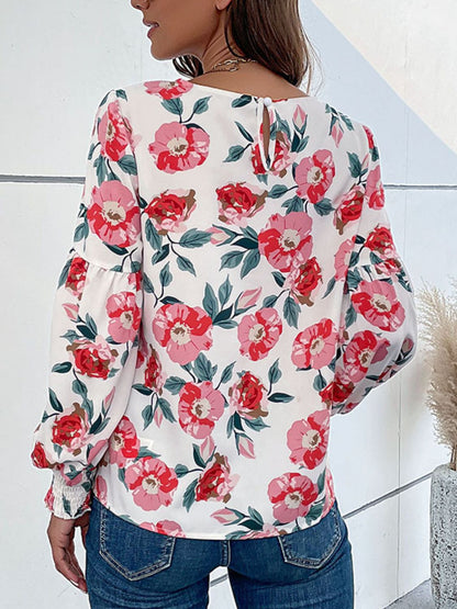 Perfee Floral Long Puff Sleeve Round Neck Blouse-Nordavory