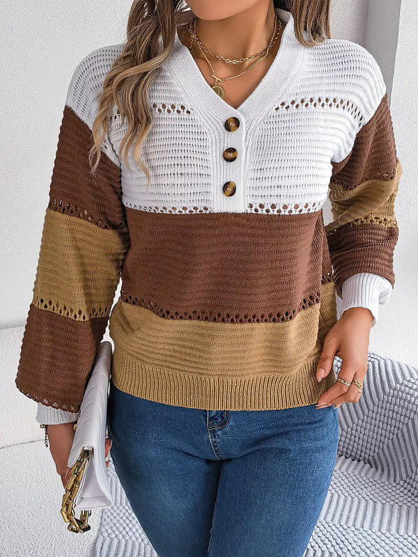 Color Block Striped V-Neck Button Detail Sweater-Nordavory