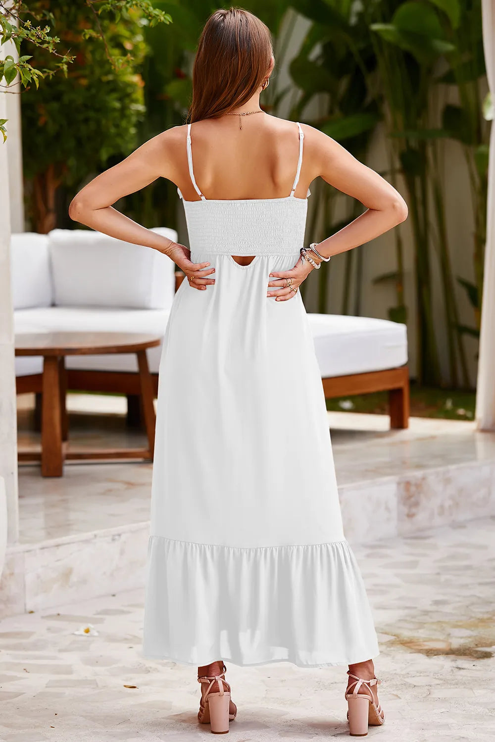 Smocked Spaghetti Strap Ruffle Hem Dress-Nordavory