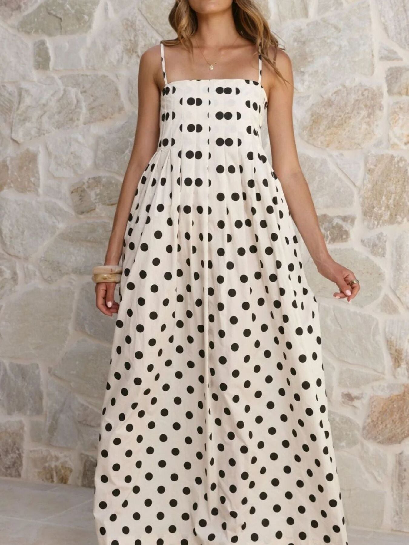 Polka Dot Pleated Detail Maxi Dress-Nordavory