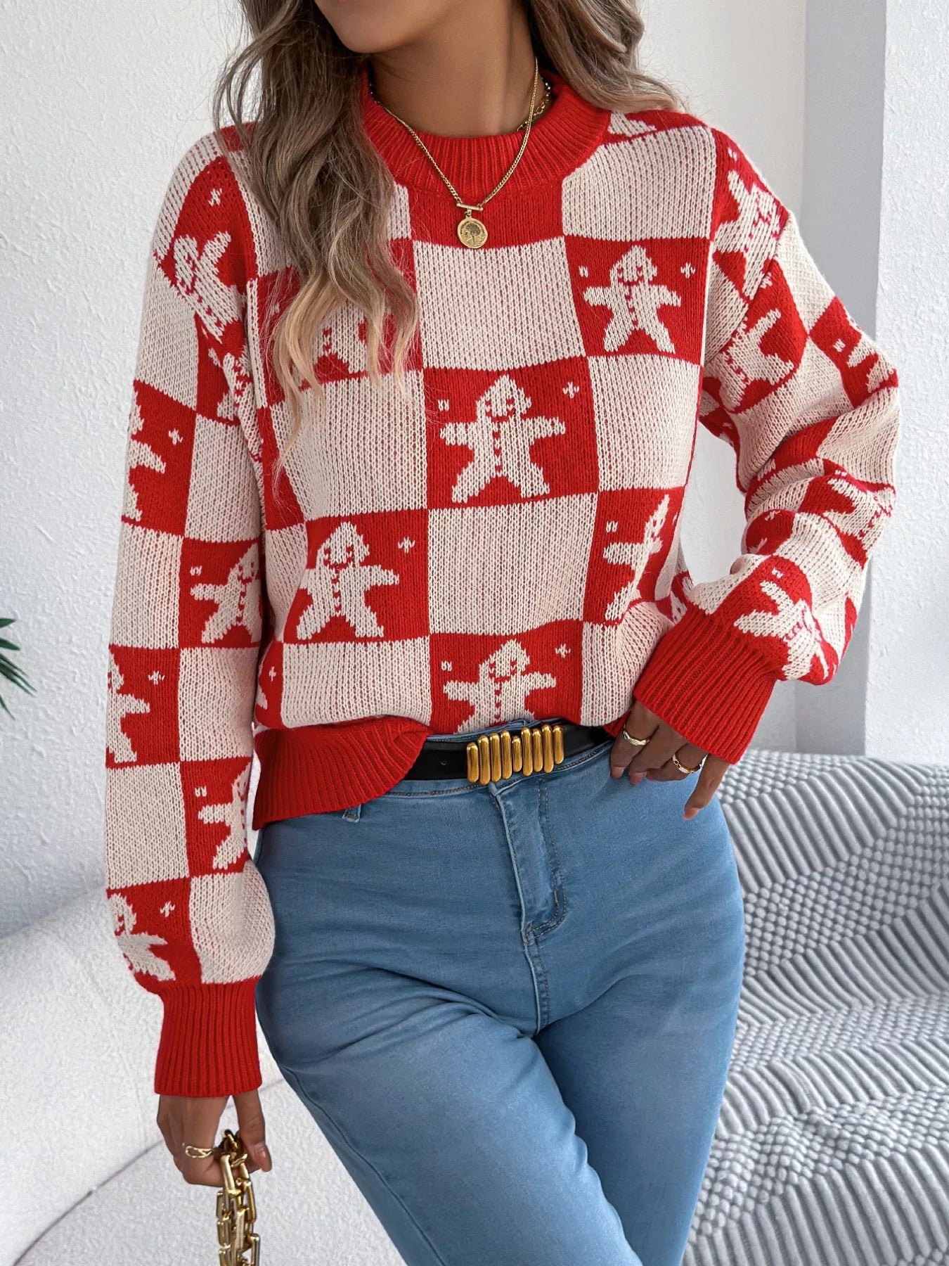 Christmas Checkerboard Gingerbread Round Neck Sweater-Nordavory