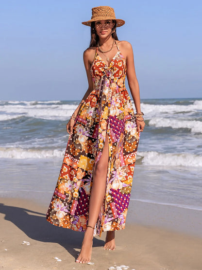Slit Printed Halter Neck Cami Dress-Nordavory