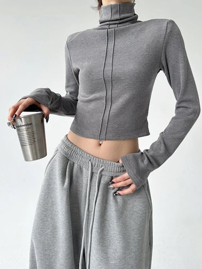 High Neck Long Sleeve Cropped T-Shirt-Nordavory