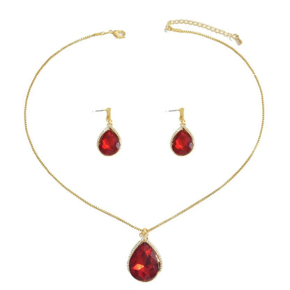 18K Gold-Plated Rhinestone Teardrop Necklace and Earrings Jewelry Set-Nordavory