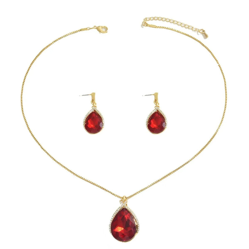 18K Gold - Plated Rhinestone Teardrop Necklace and Earrings Jewelry Set - Nordavory