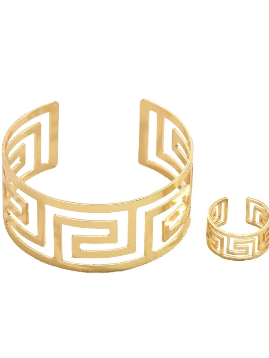 18K Gold-Plated Stainless Steel Geometric Bracelet and Ring Jewelry Set - Gold / One Size - Image 3