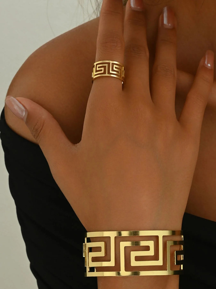 18K Gold-Plated Stainless Steel Geometric Bracelet and Ring Jewelry Set-Nordavory