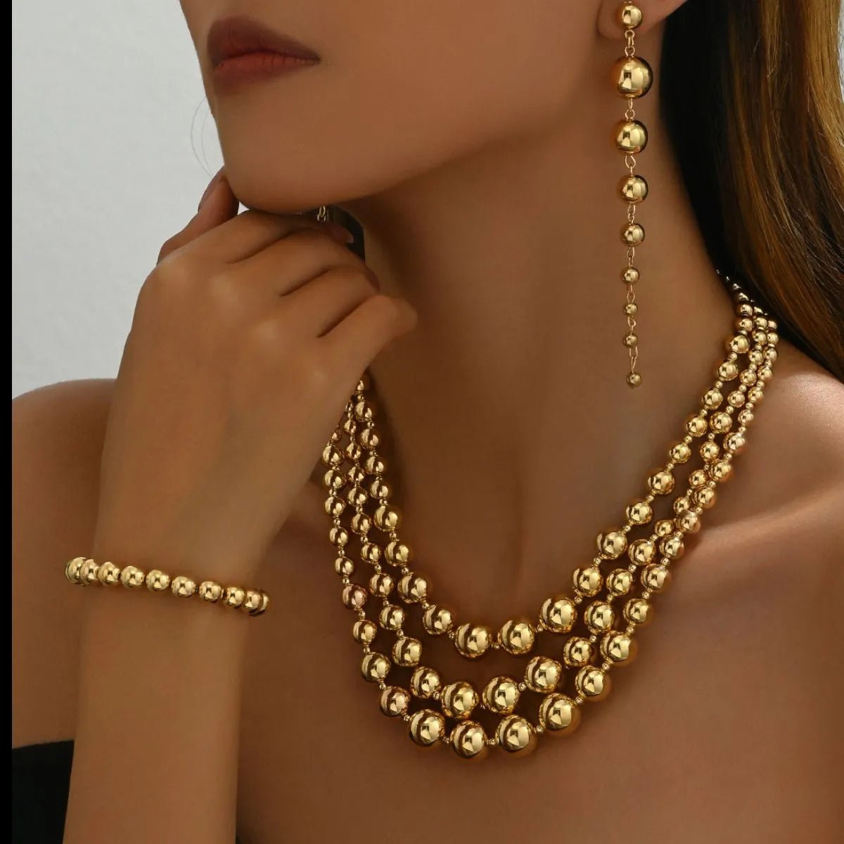 18K Stainless Steel Beaded Multi-Layered Necklace Bracelet Earrings Jewelry Set-Nordavory
