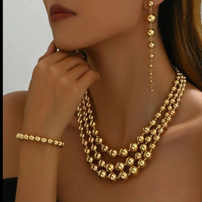 18K Stainless Steel Beaded Multi-Layered Necklace Bracelet Earrings Jewelry Set-Nordavory