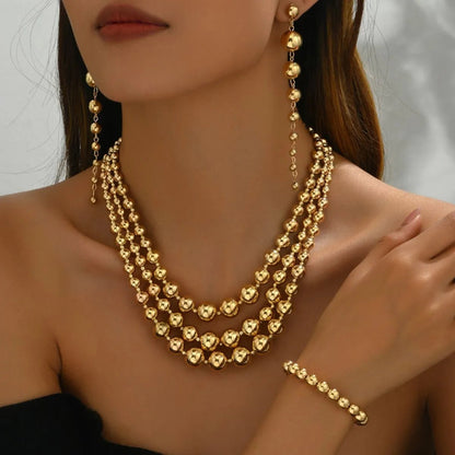 18K Stainless Steel Beaded Multi-Layered Necklace Bracelet Earrings Jewelry Set-Nordavory