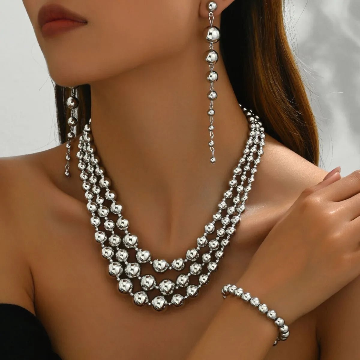 18K Stainless Steel Beaded Multi-Layered Necklace Bracelet Earrings Jewelry Set-Nordavory