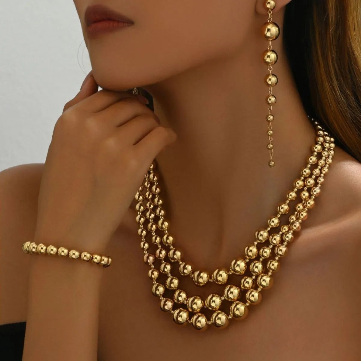 18K Stainless Steel Beaded Multi-Layered Necklace Bracelet Earrings Jewelry Set-Nordavory