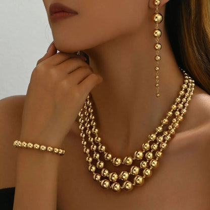18K Stainless Steel Beaded Multi-Layered Necklace Bracelet Earrings Jewelry Set-Nordavory