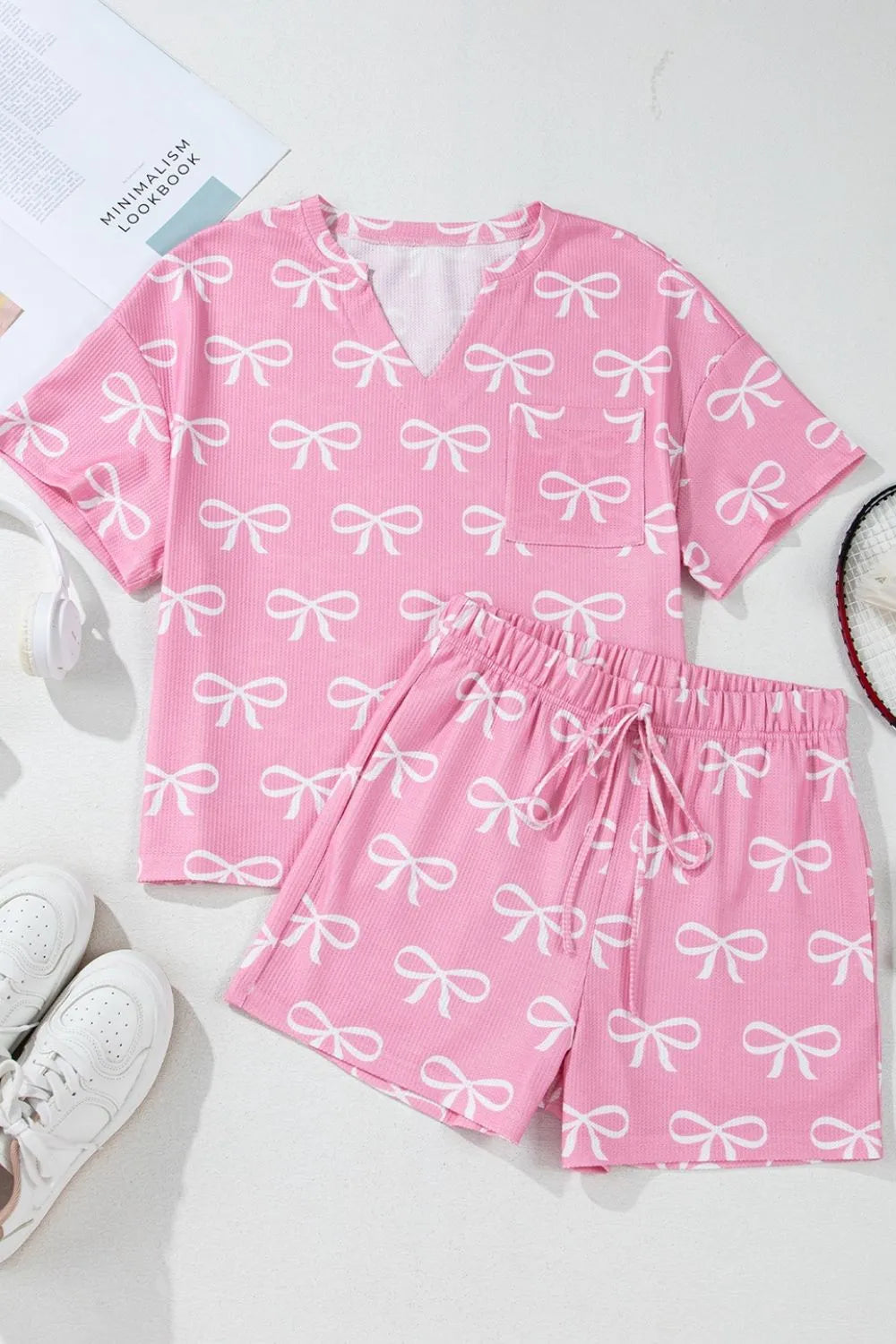 Bowknot Printed Notched T-Shirt and Shorts Set-Nordavory