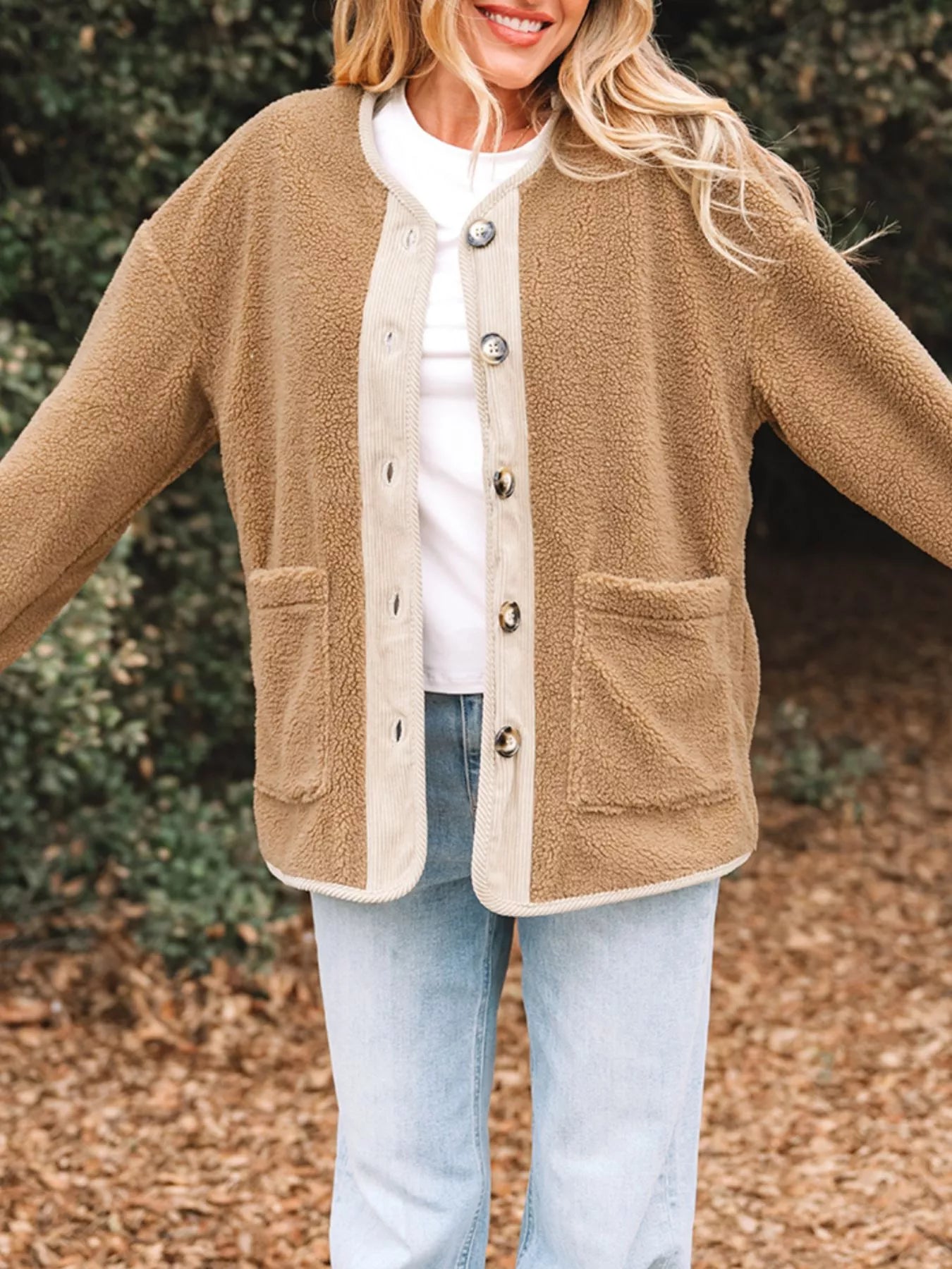 Puffy Plush Corduroy Edge Patchwork Jacket with Pockets-Nordavory