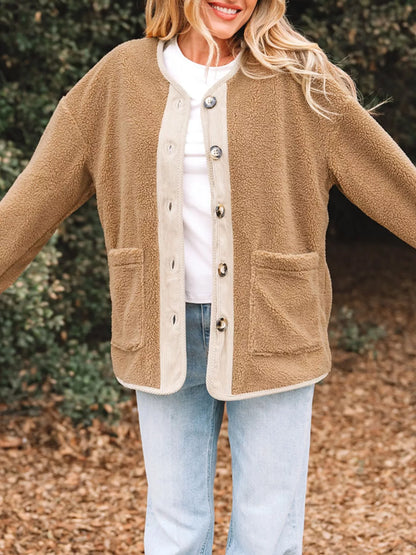Puffy Plush Corduroy Edge Patchwork Jacket with Pockets-Nordavory