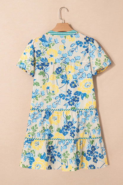 Floral Striped Trim Puff Short Sleeve Dress-Nordavory