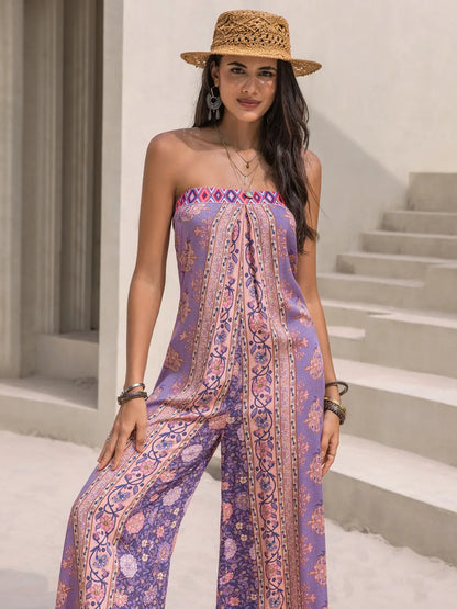 Tied Printed Tube Wide Leg Jumpsuit-Nordavory