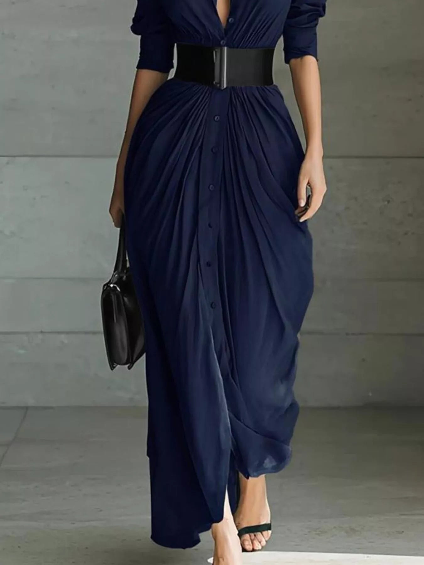 Full Size Button Front Ruched Shirt Maxi Dress Plus Size-Nordavory