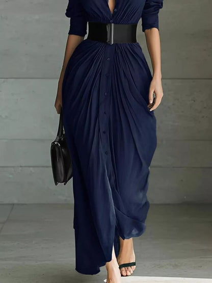 Full Size Button Front Ruched Shirt Maxi Dress Plus Size-Nordavory