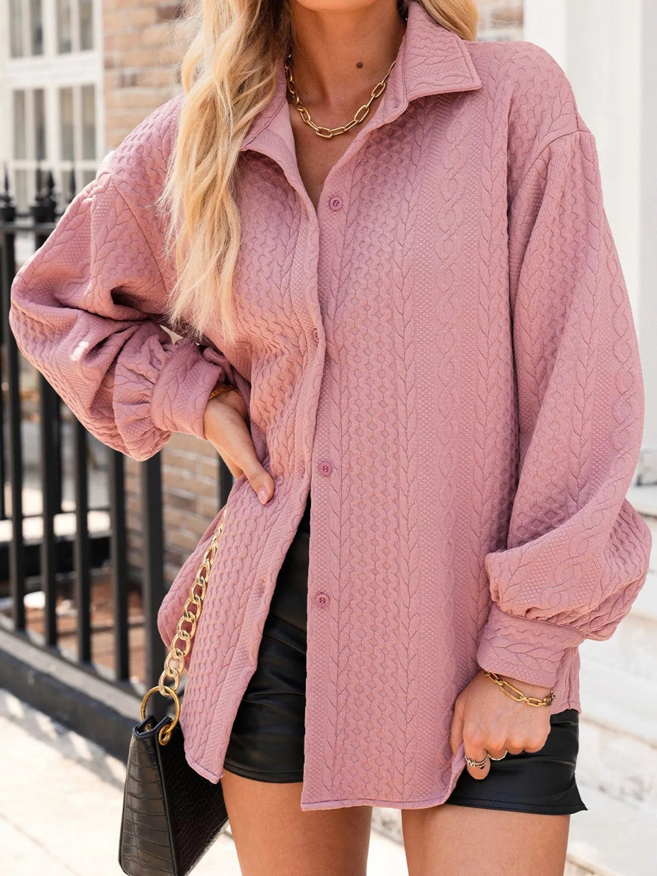 Cable Texture Puff Sleeve Loose Shacket-Nordavory