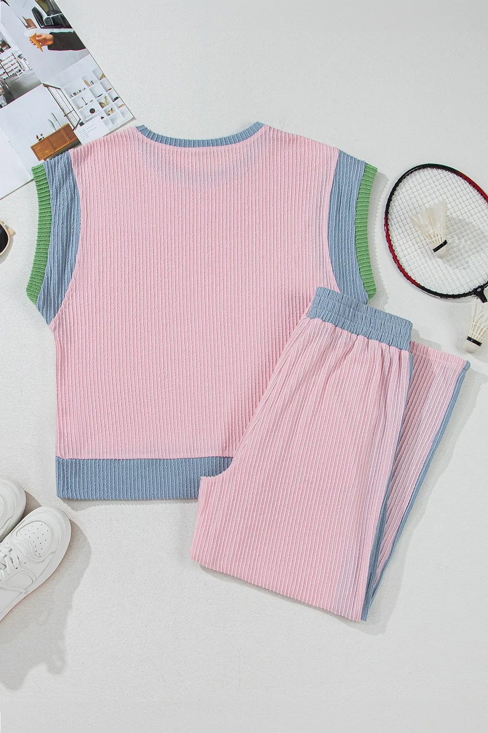 Contrast Round Neck Top and Pants Set-Nordavory