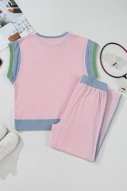 Contrast Round Neck Top and Pants Set-Nordavory