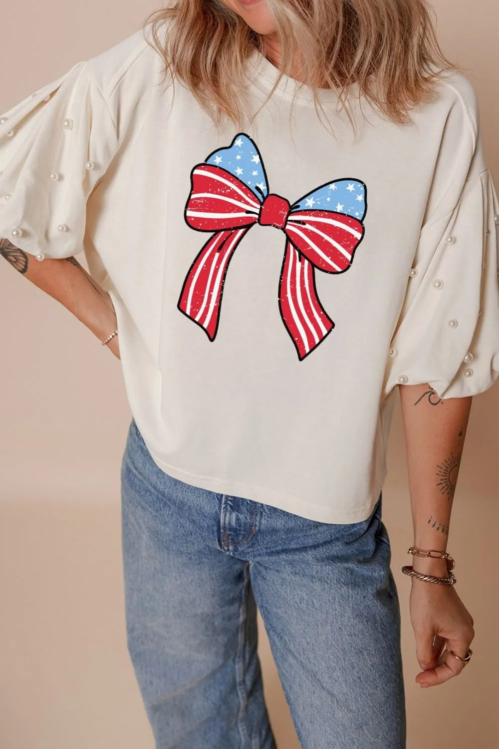 Bowknot Graphic Pearl Puff Half Sleeve T Shirt-Nordavory