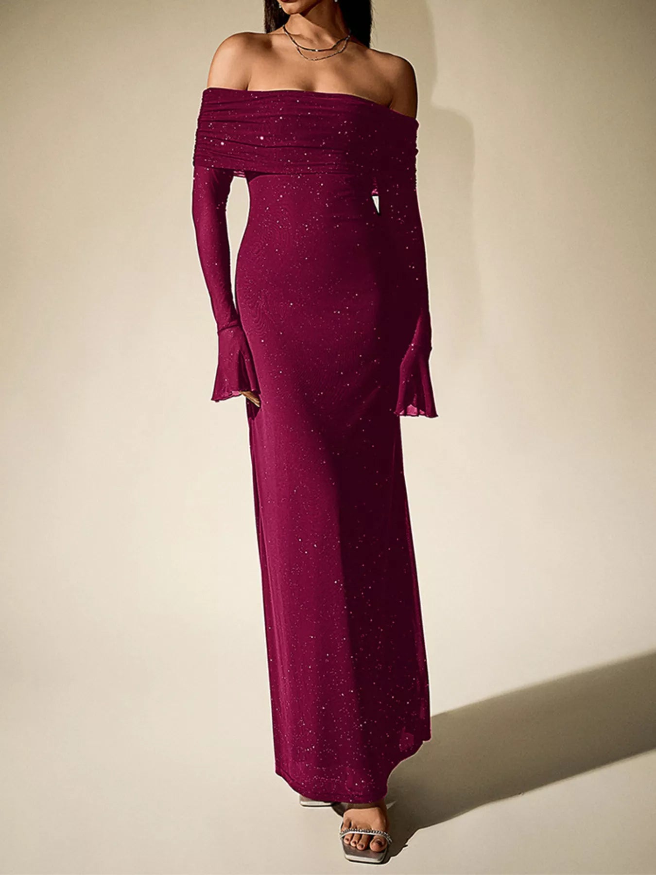 Glitter Off-Shoulder Maxi Dress-Nordavory