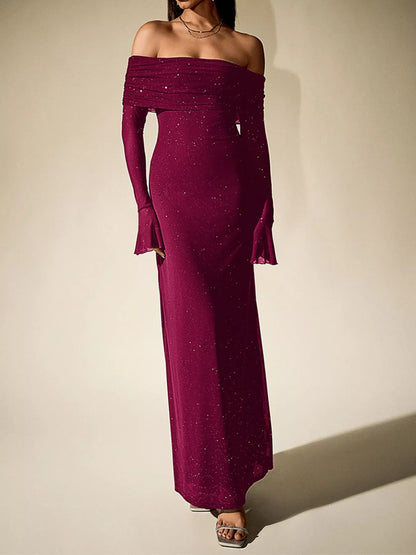 Glitter Off-Shoulder Maxi Dress-Nordavory