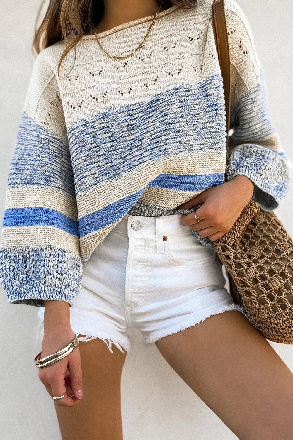 Openwork Striped Knit Long Sleeve Sweater-Nordavory
