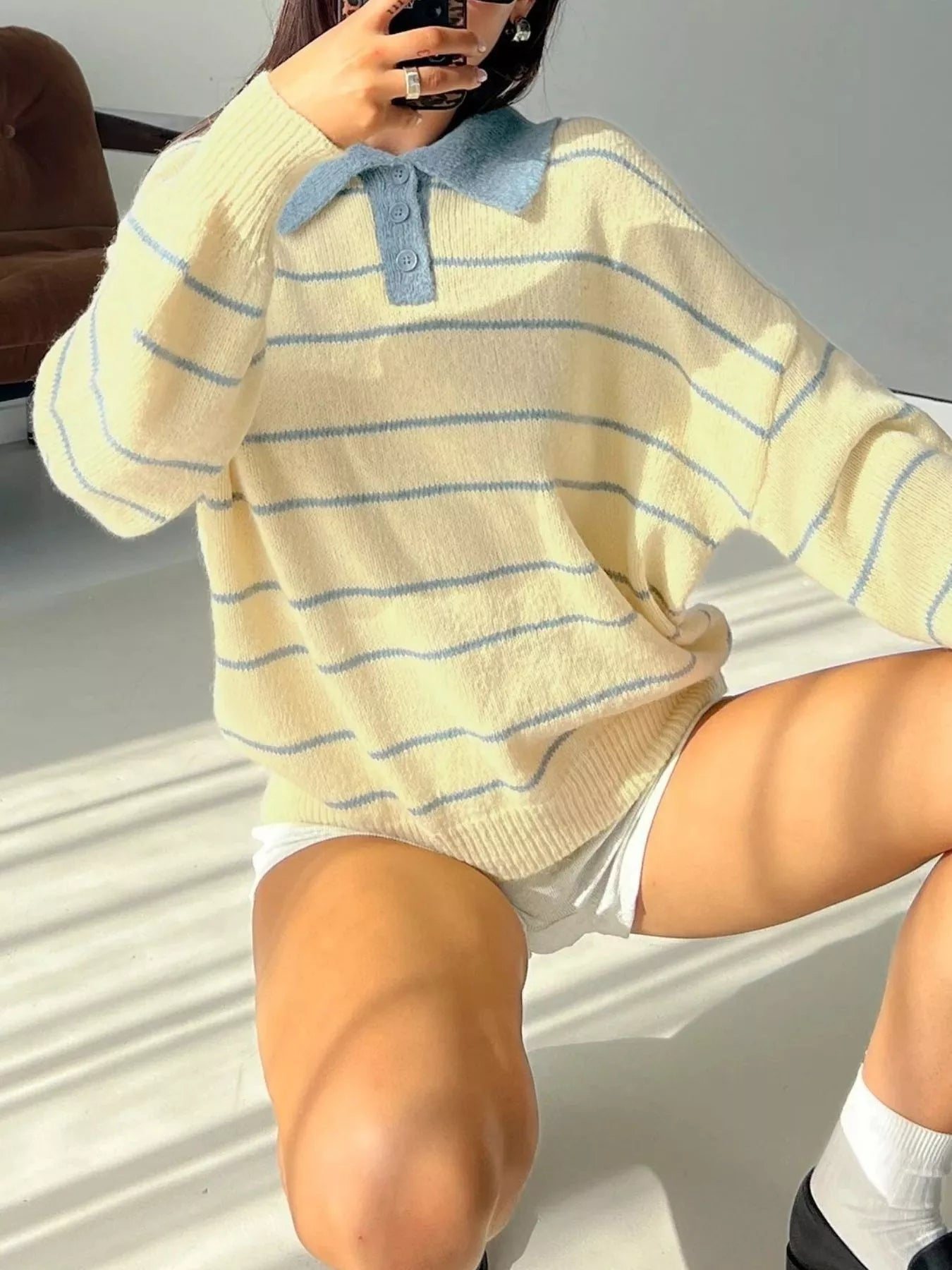Striped Polo Collar Long Sleeve Sweater-Nordavory