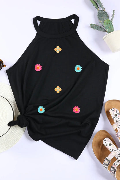 Embroidered Flower Grecian Neck Tank-Nordavory