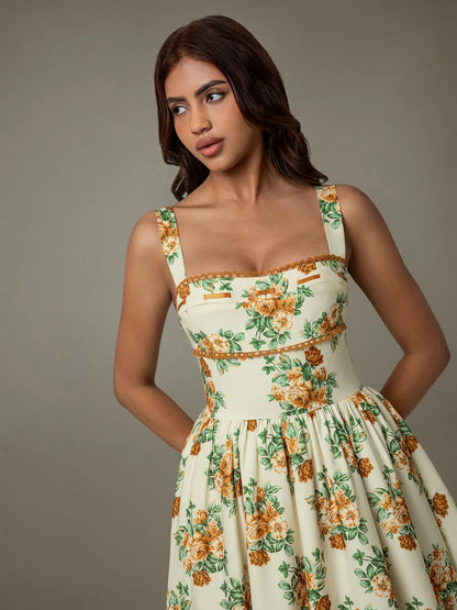Lace Trim Floral Sleeveless Midi Dress-Nordavory