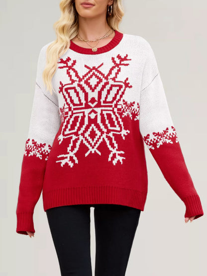 Christmas Snowflake Round Neck Sweater-Nordavory